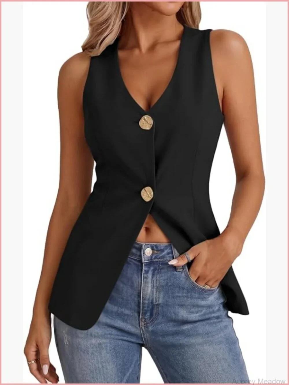 Sleeveless Double-Breasted V-Neck Vest Blazer for Women Slim Work Office Outwear